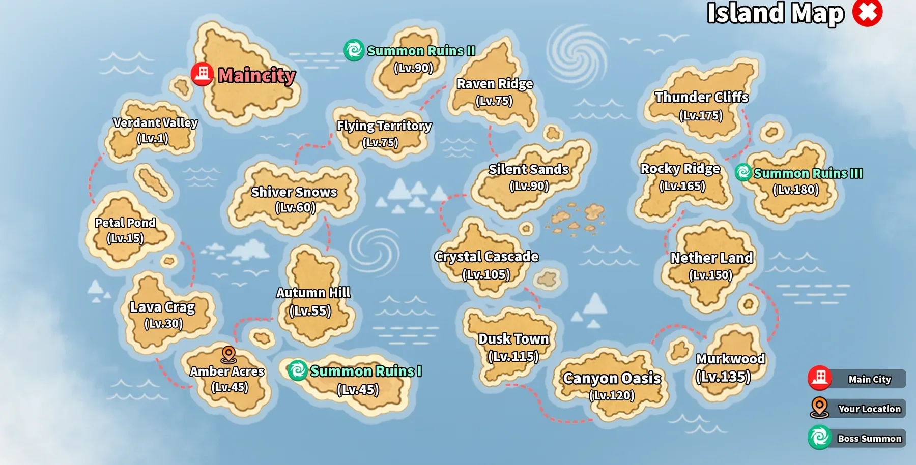 Evomon world map with island progression routes